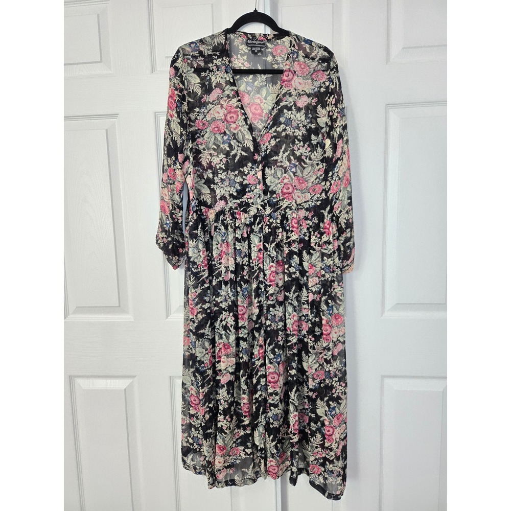 Nostalgia Floral Chiffon Midi Dress Black Pink V-Neck Button Front Long Sleeve M